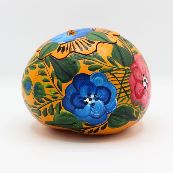 Vintage Mexican Folk Art Hand Painted Gourd Trinket Vessel 4.5" Floral Design - Picture 4 of 8